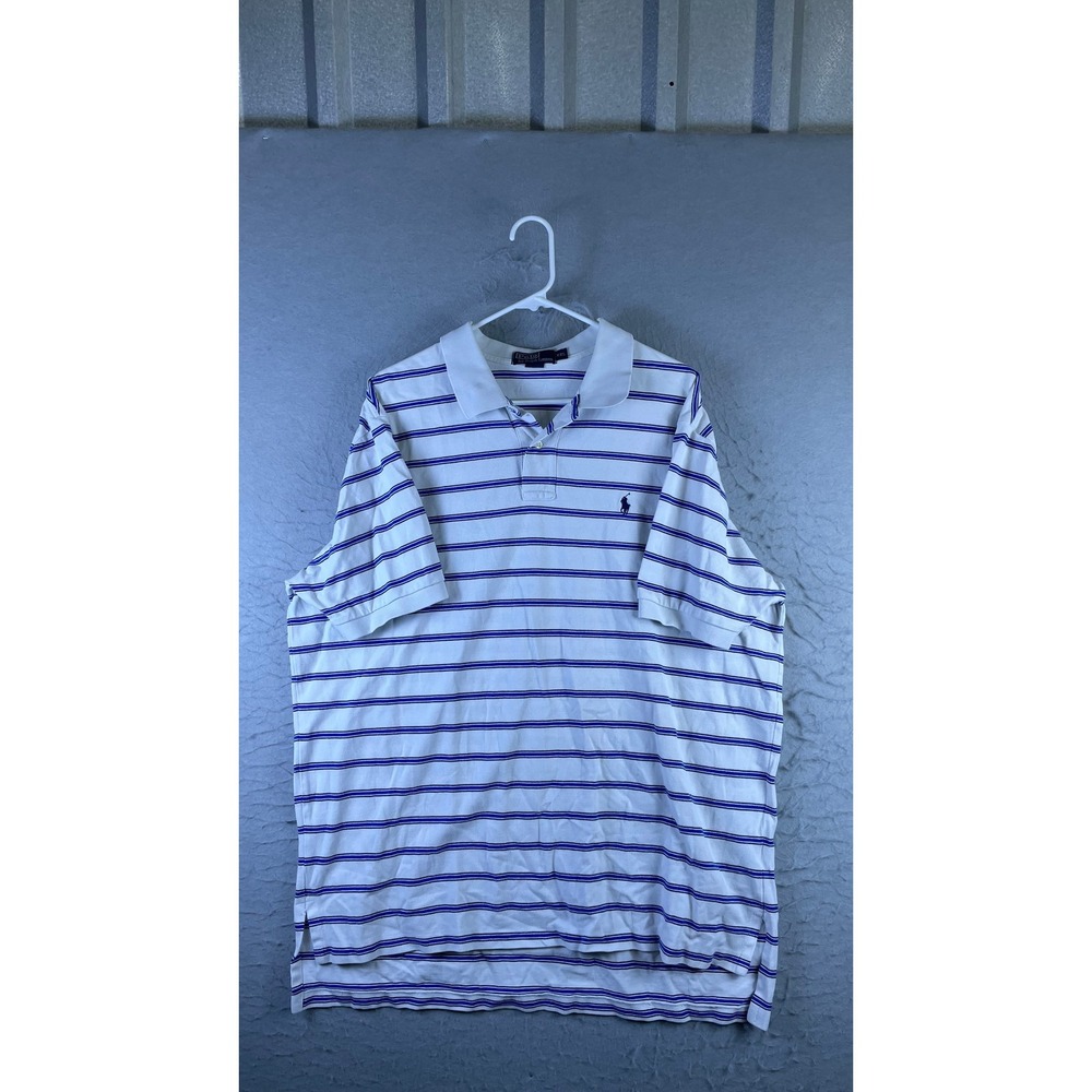 Polo Ralph Lauren Polo Shirt Mens XXL White Blue Striped Excellent Short Sleeve